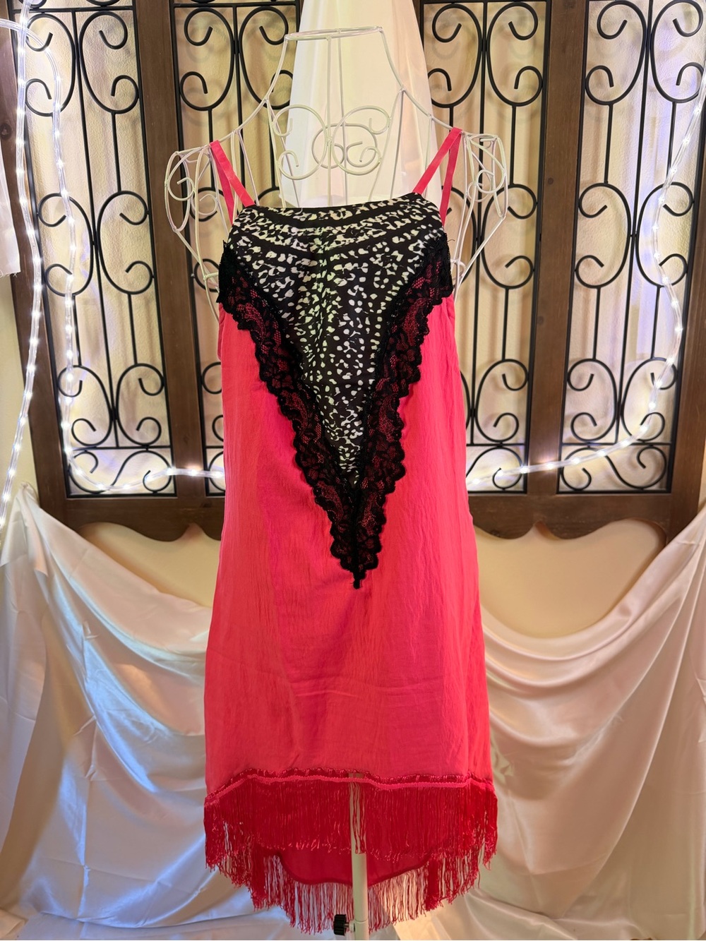 Pink Lace-Trim Slip Tunic with Fringe